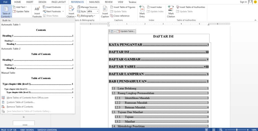 membuat daftar isi otomatis